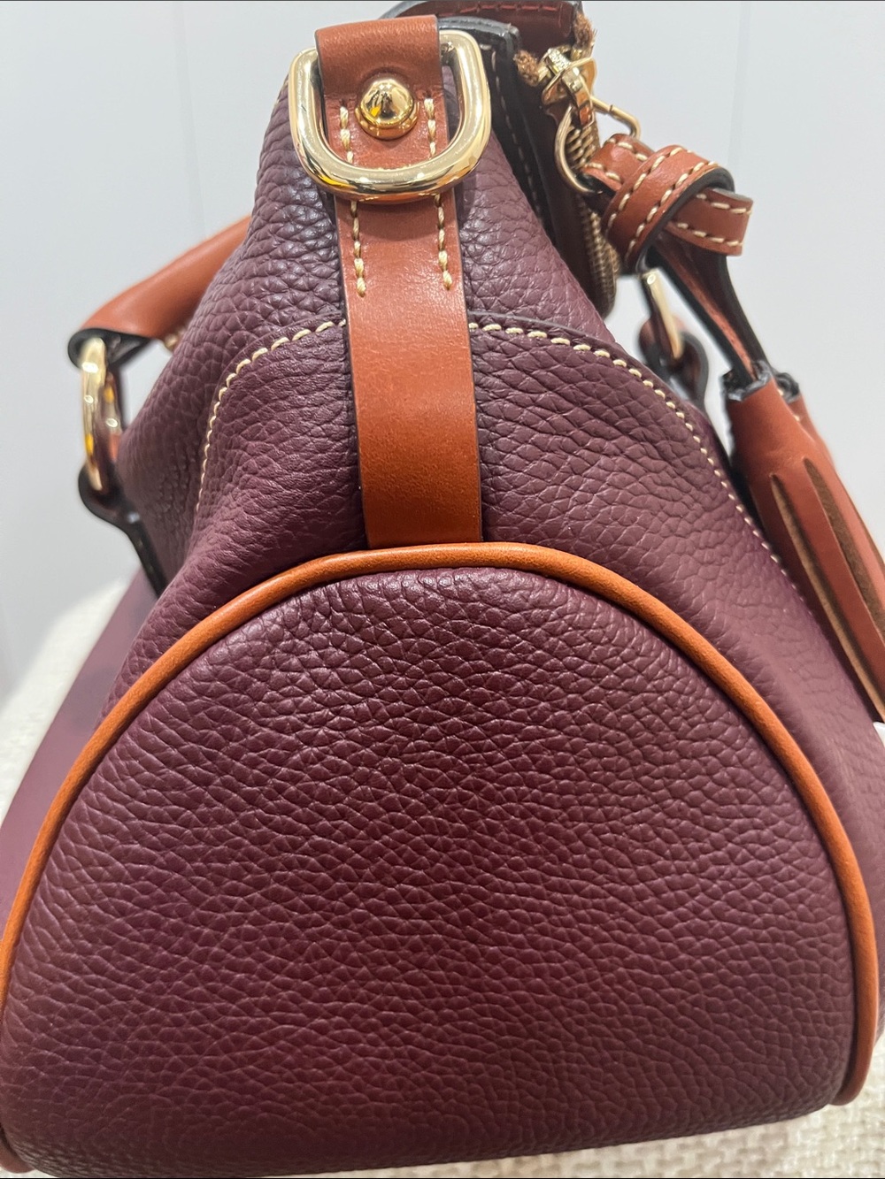 Dooney & Bourke  large Burgundy Pebble Leather Satchel with Tan Trim - Picture 15 of 16